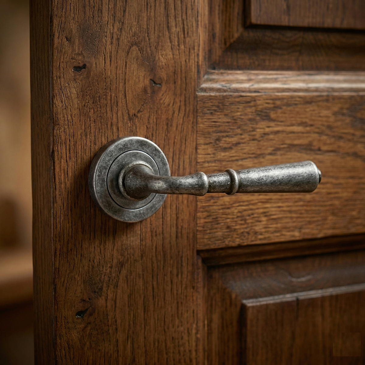 Poignée de porte modèle '508' avec rosace ronde finition cuir vieilli noir