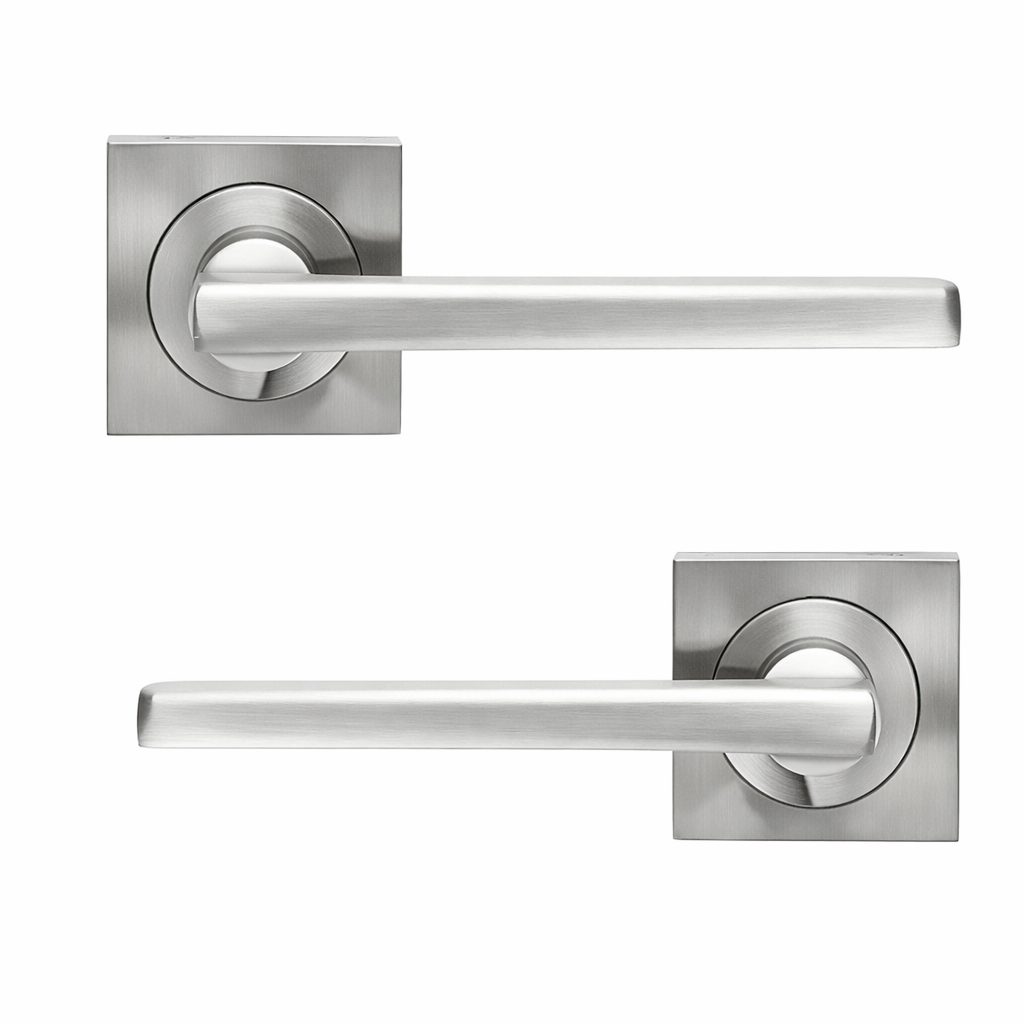 Poignée modèle Rental '530A' rosace carrée en aluminium pour portes finition nickel satiné