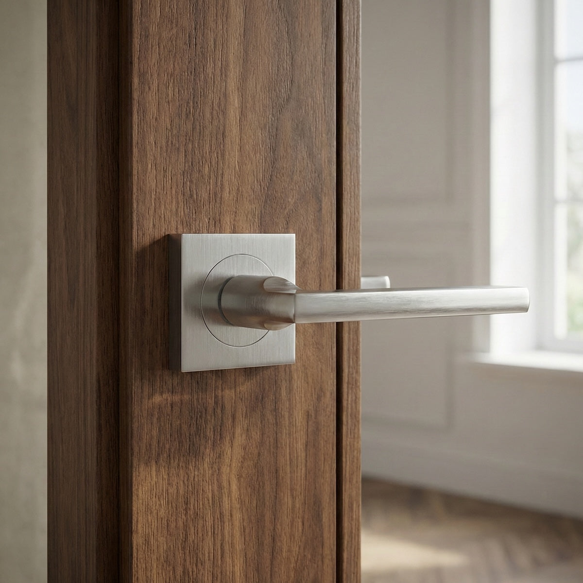 Poignée modèle Rental '530A' rosace carrée en aluminium pour portes finition nickel satiné