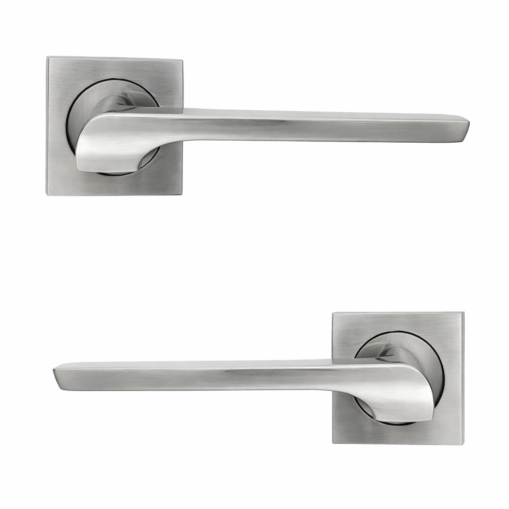 Poignée de porte '559' en aluminium sur rosace carrée, finition nickel satiné