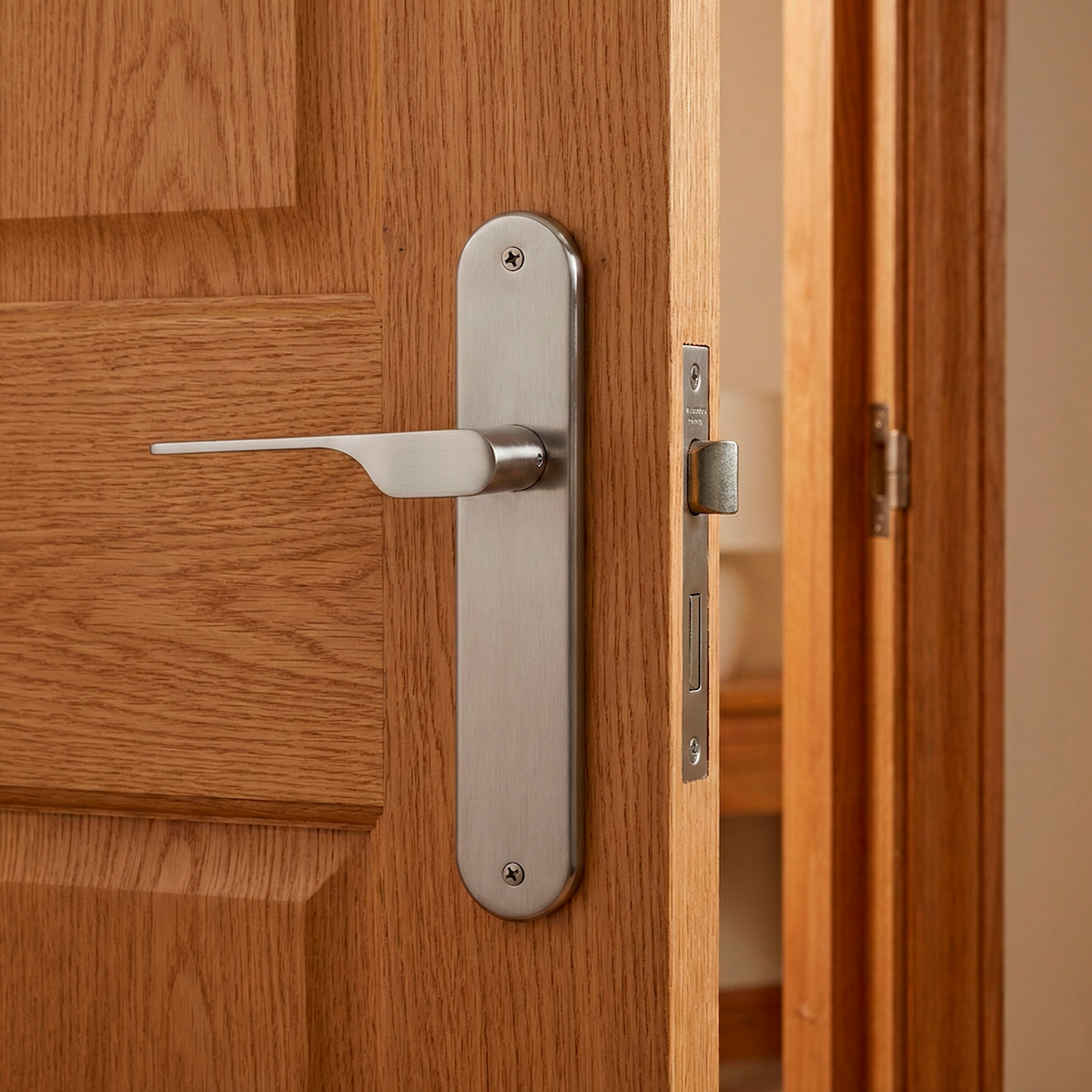 Poignée modèle « 640 » avec plaque ovale pour portes en zamak finition nickel satiné avec béquille moderne