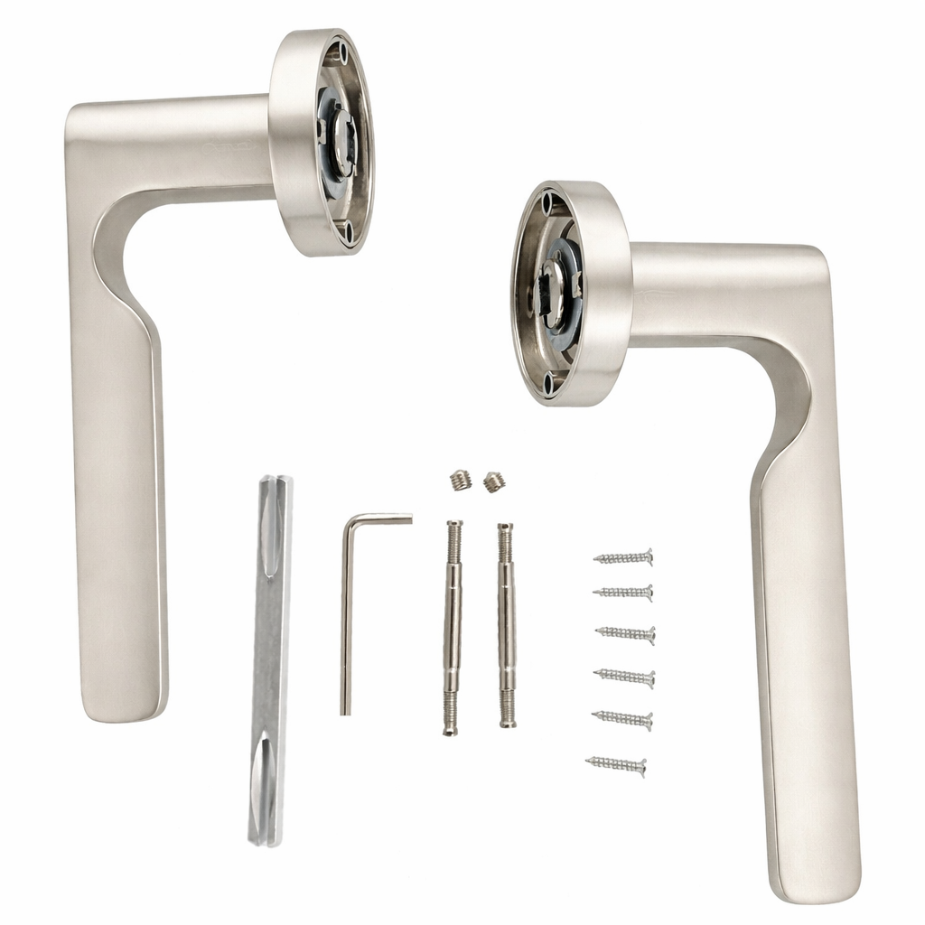 Poignée élégante en zamak modèle '640' Aura avec rosace ronde finition nickel satiné pour portes