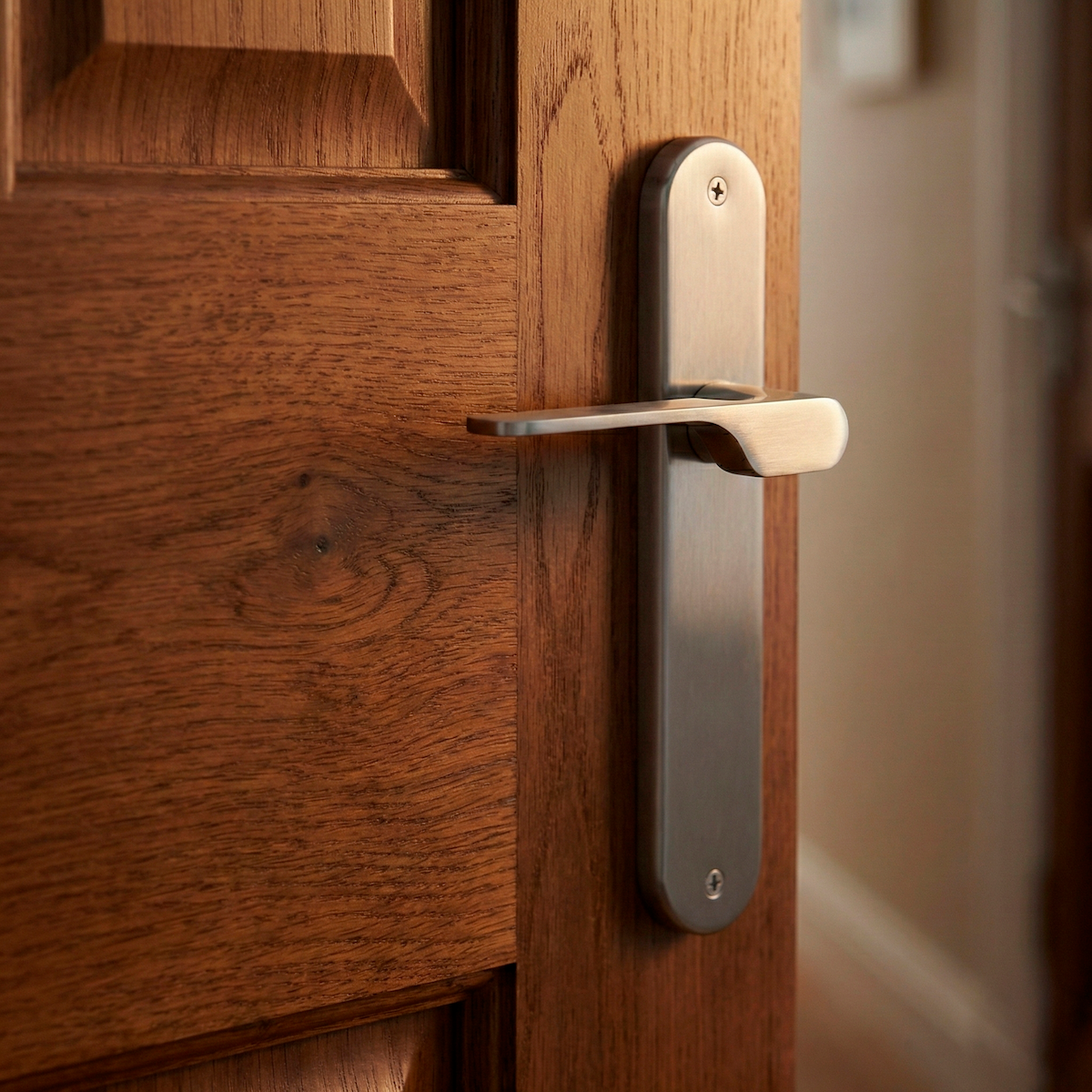Poignée modèle « 640 » avec plaque ovale pour portes en zamak finition nickel satiné avec béquille moderne