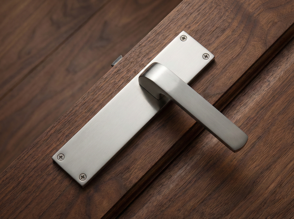 Béquille modèle « 710 » en zamak sur plaque rectangulaire, finition nickel satiné, pour portes