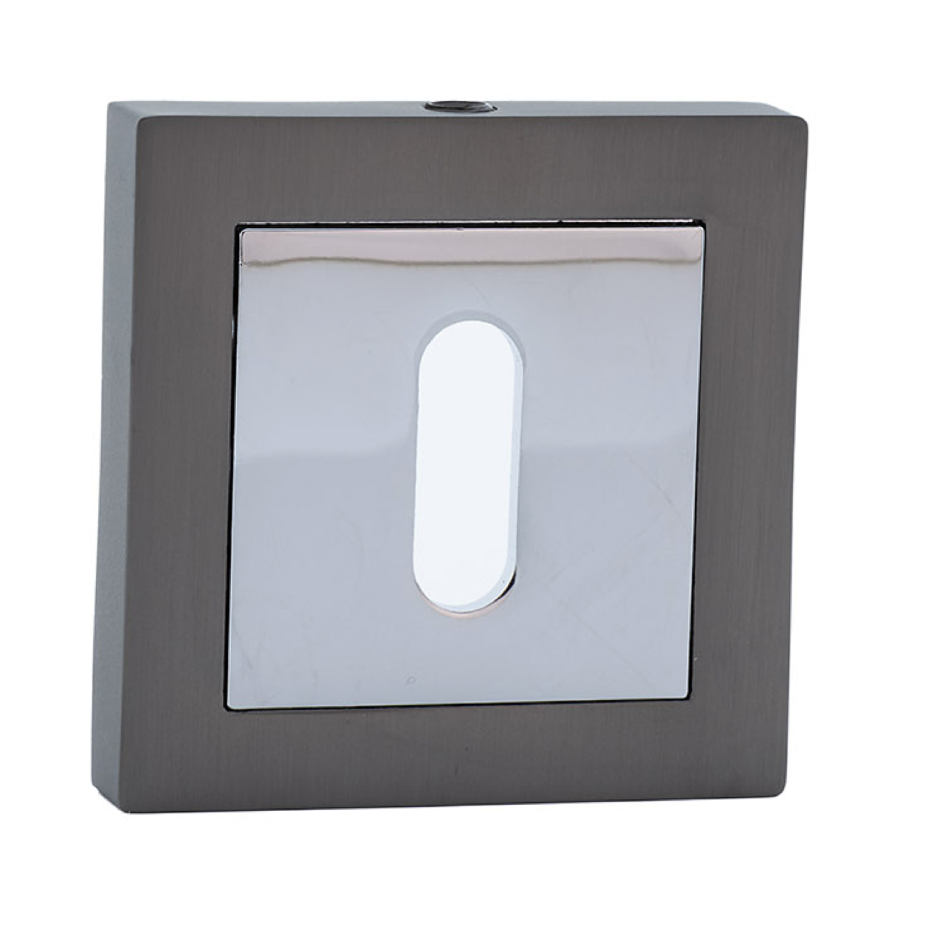 Plaque d'entrée ovale pour clé carré en finition graphite et chrome brillant pour portes