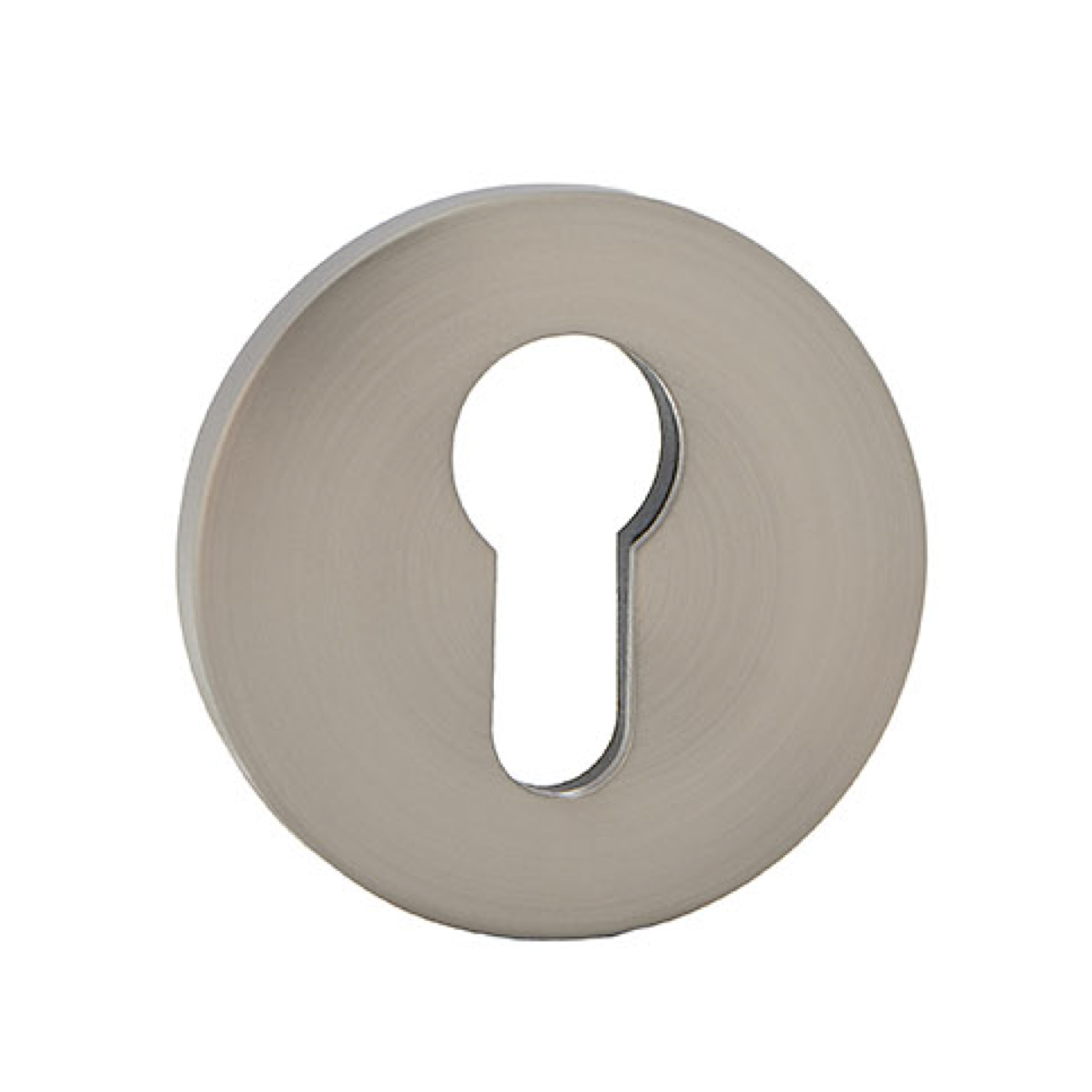 Rosace ronde avec entrée de clé piriforme en finition nickel mat et base en nylon pour cylindres