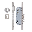 Serrure de sécurité 60mm à têtière plate avec 4 pênes ronds en acier nickel satiné