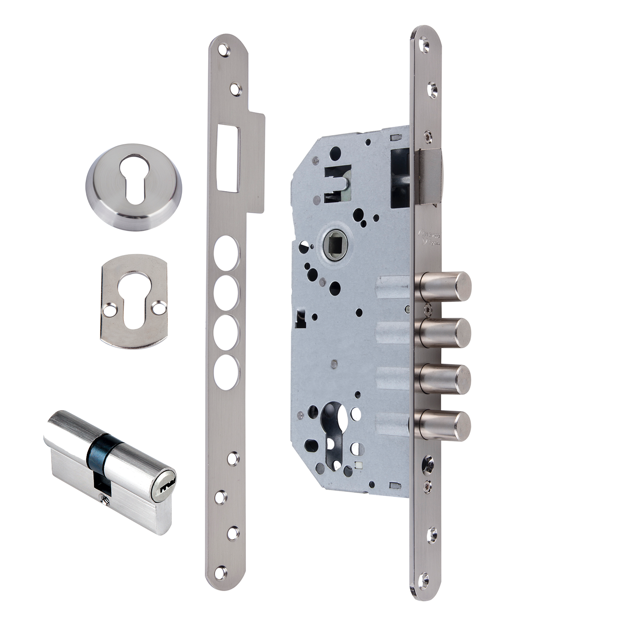 Serrure de sécurité à 4 pênes ronds de 60 mm en acier nickel satiné