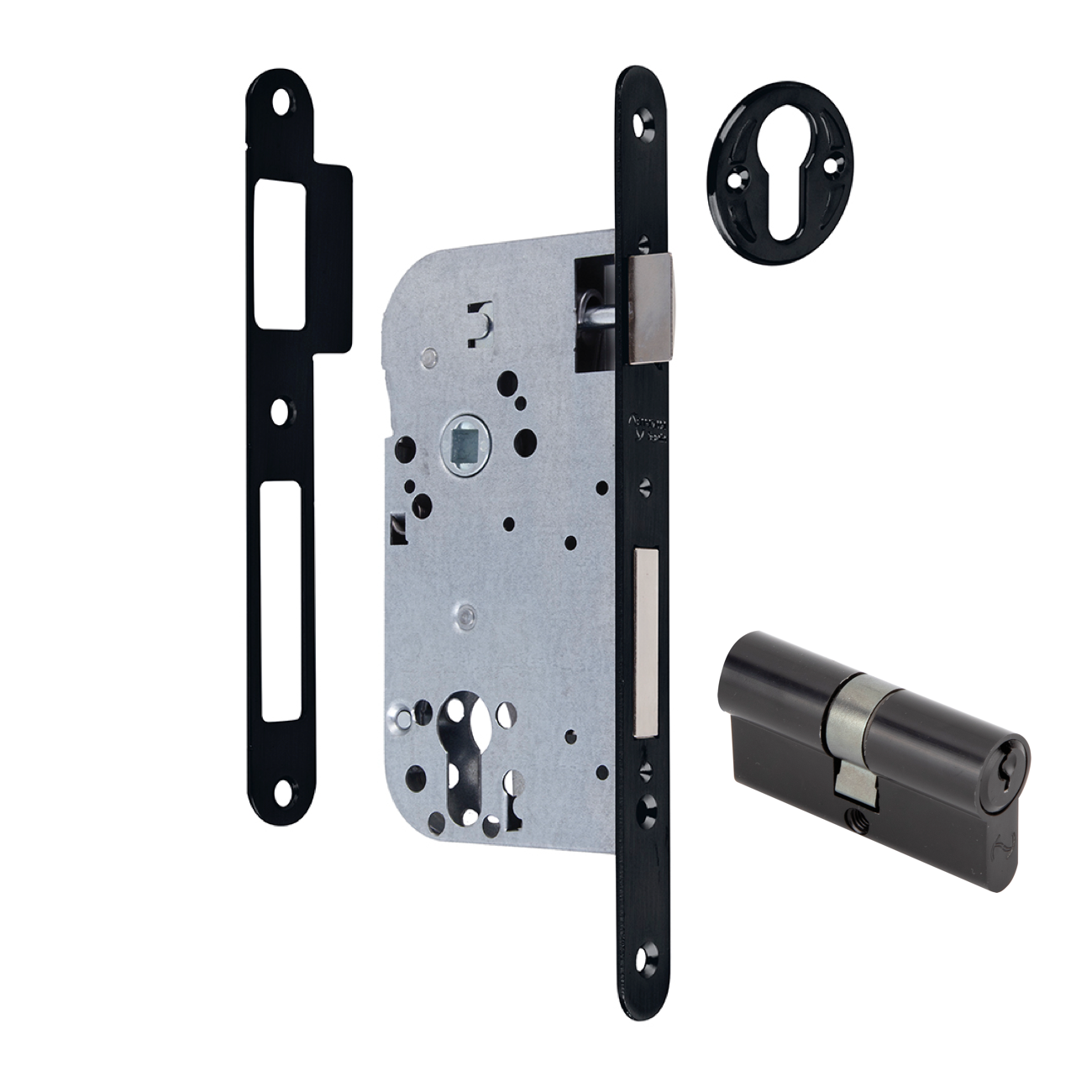 Serrure à mortaiser axe 70 mm et carré de 50 mm, têtière arrondie noire