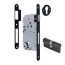 Serrure à mortaiser axe 70 mm et carré de 50 mm, têtière arrondie noire