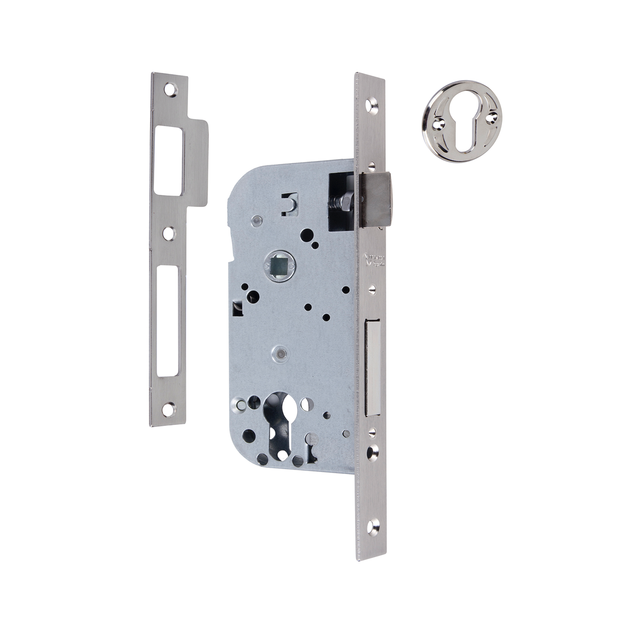 Serrure à mortaiser de 70 mm d'entraxe et 40 mm de tirage axe/têtière, à bouts carrés, en nickel satiné