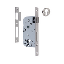Serrure à mortaiser de 70 mm d'entraxe et 40 mm de tirage axe/têtière, à bouts carrés, en nickel satiné