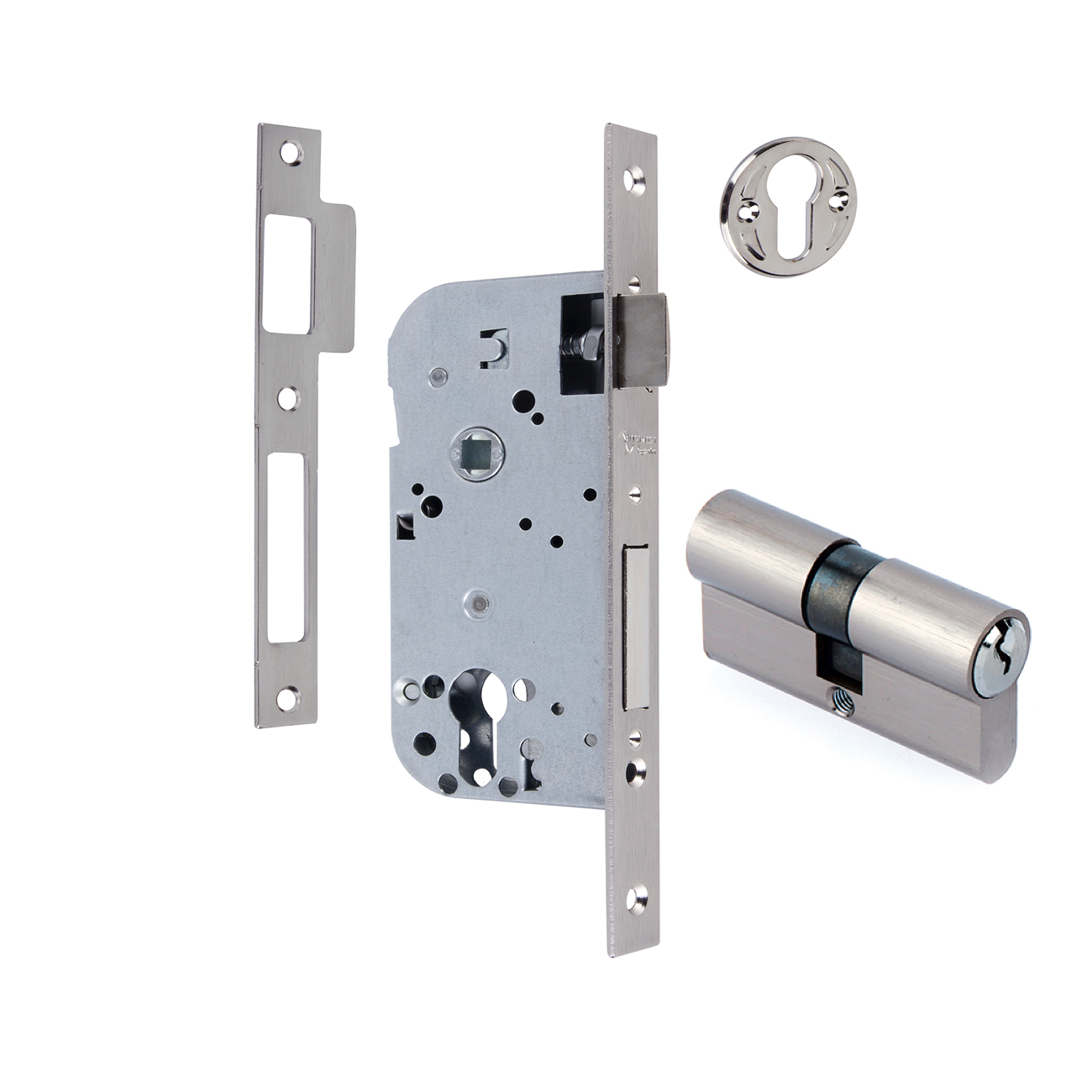 Serrure à mortaiser de 70 mm d'entraxe et 40 mm de tirage axe/têtière, à bouts carrés, en nickel satiné