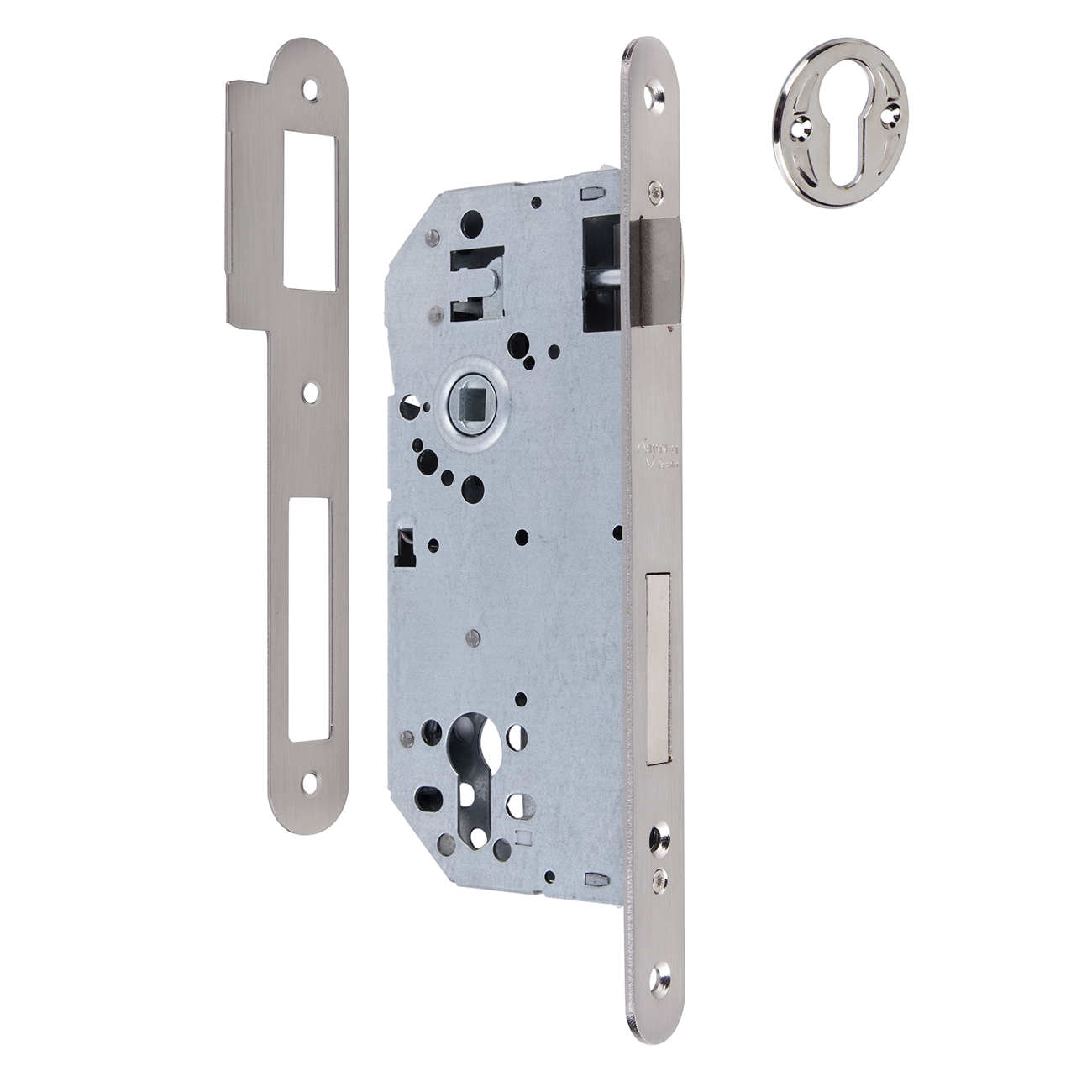 Serrure à encastrer de 50mm pour cylindre européen, têtière bouts ronds, entraxe de 85mm, finition nickel satiné