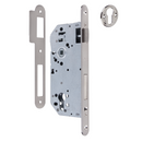 Serrure à encastrer de 50mm pour cylindre européen, têtière bouts ronds, entraxe de 85mm, finition nickel satiné