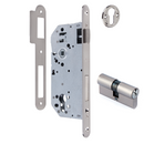 Serrure à encastrer de 50mm pour cylindre européen, têtière bouts ronds, entraxe de 85mm, finition nickel satiné