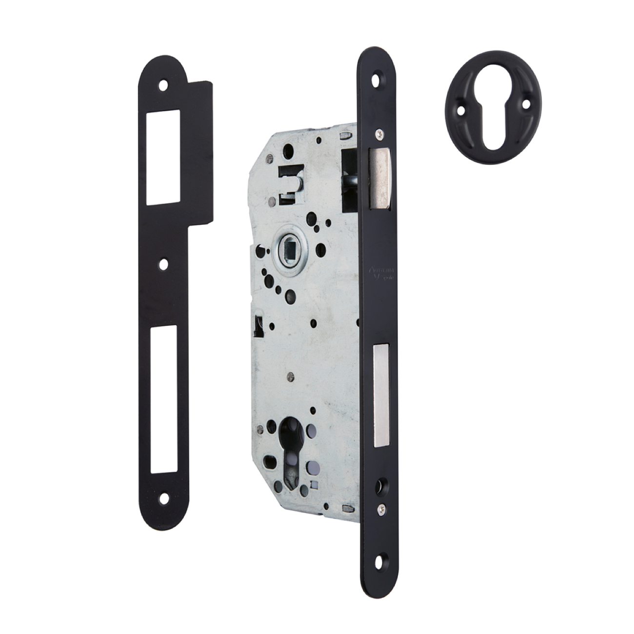 Serrure à encastrer 50mm pour cylindre européen à bouts ronds entraxe 85mm finition noire