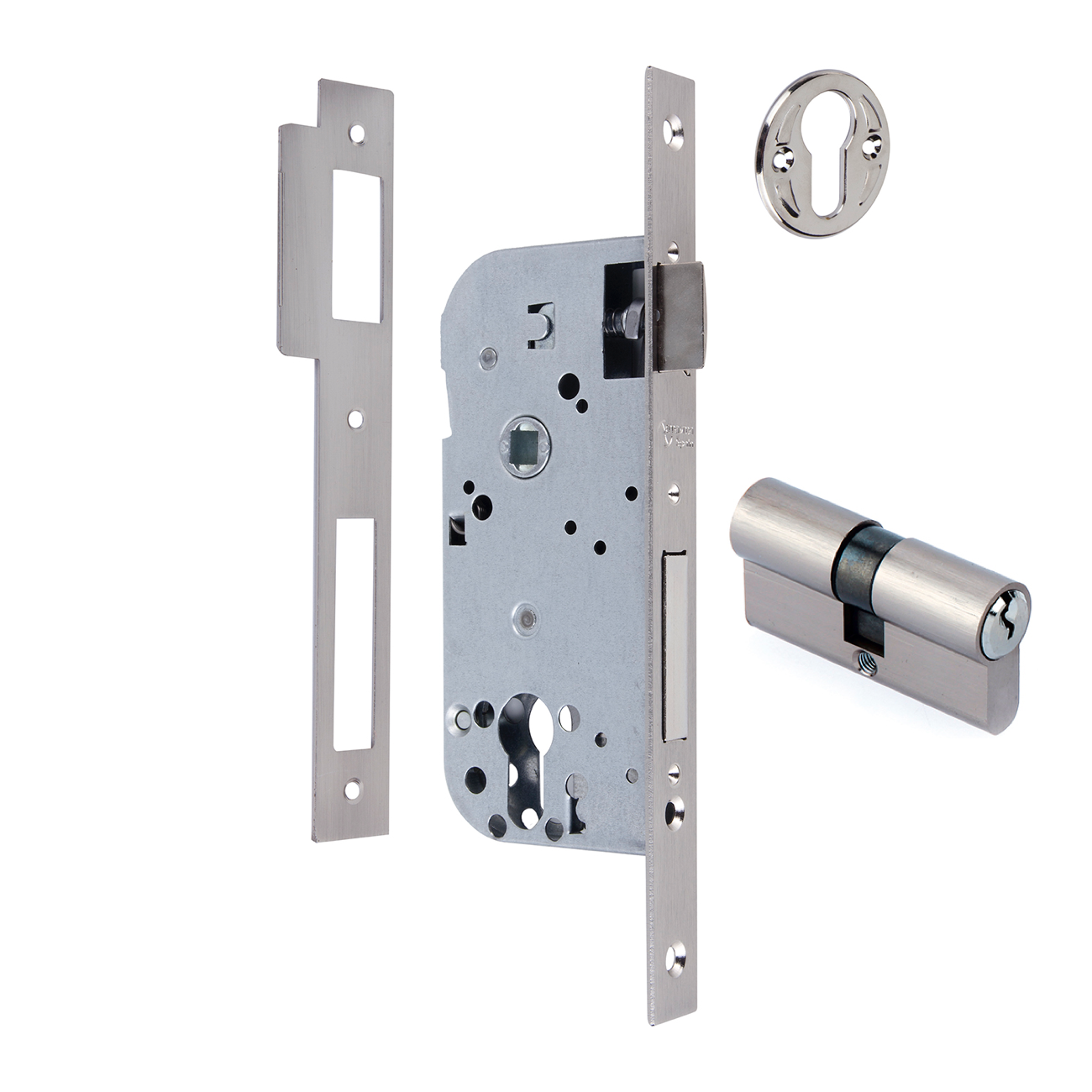 Serrure à encastrer 50mm pour cylindre européen, têtière plate, entraxe 85mm, finition nickel satiné