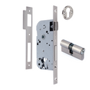Serrure à encastrer 50mm pour cylindre européen, têtière plate, entraxe 85mm, finition nickel satiné