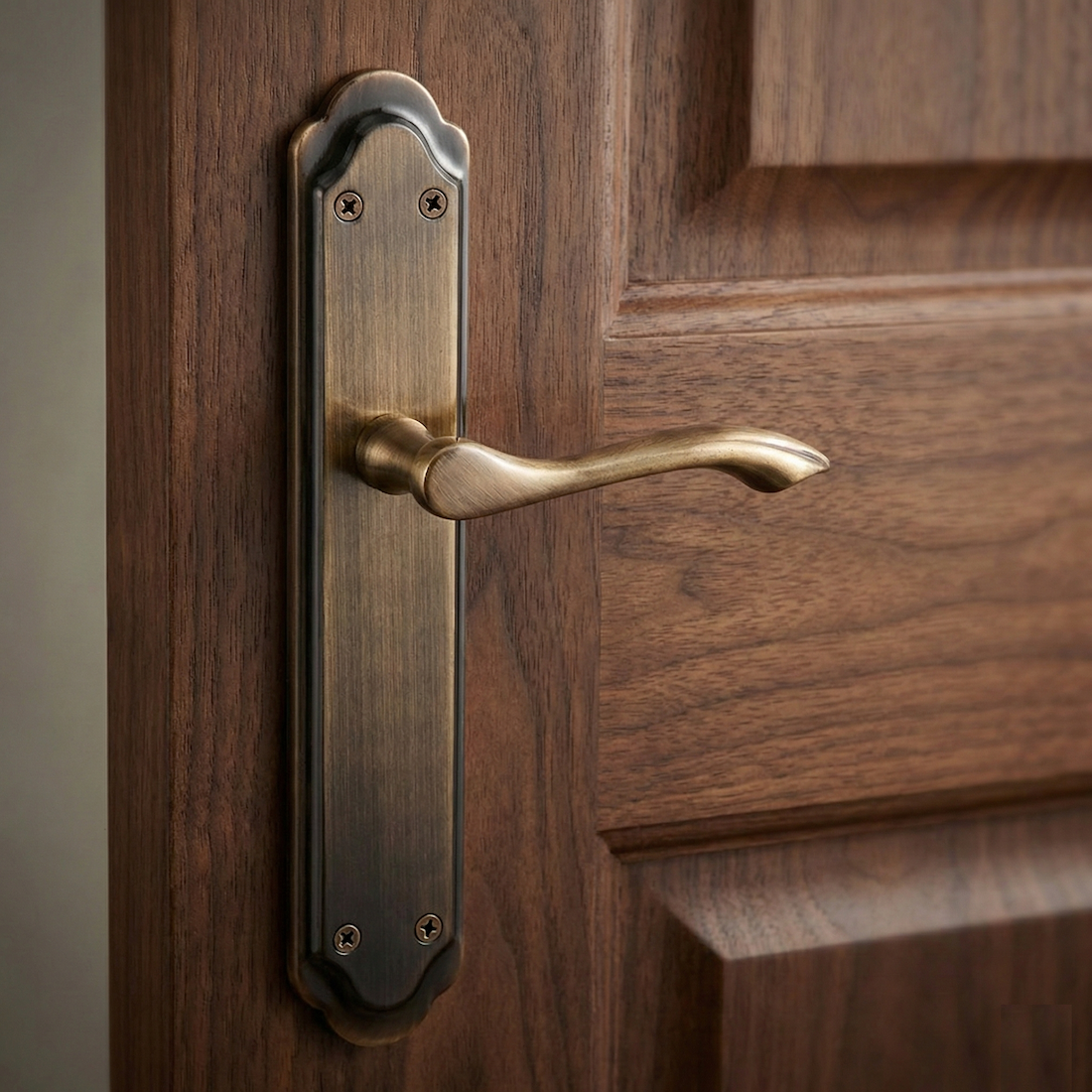 Poignée rustique modèle '4001' avec plaque ovale bombée et finition cuir pour portes