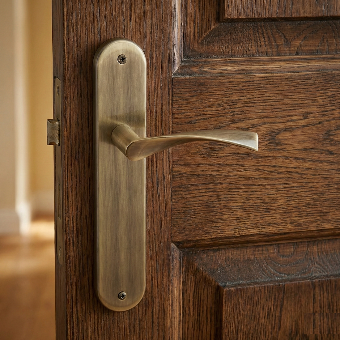 Poignée de porte modèle "130" en zamak avec plaque ovale et finition cuir