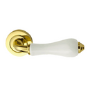 Manilla con roseta redonda en acabado dorado brillo y porcelana para puertas modelo 8201