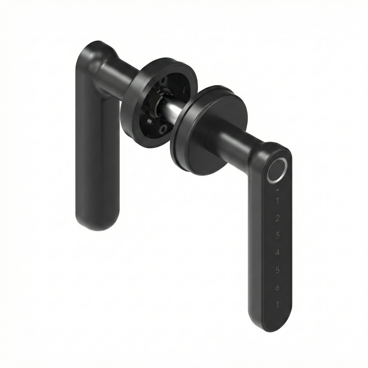 Poignée électronique avec rosace ronde finition noire avec empreinte digitale, code PIN et Bluetooth