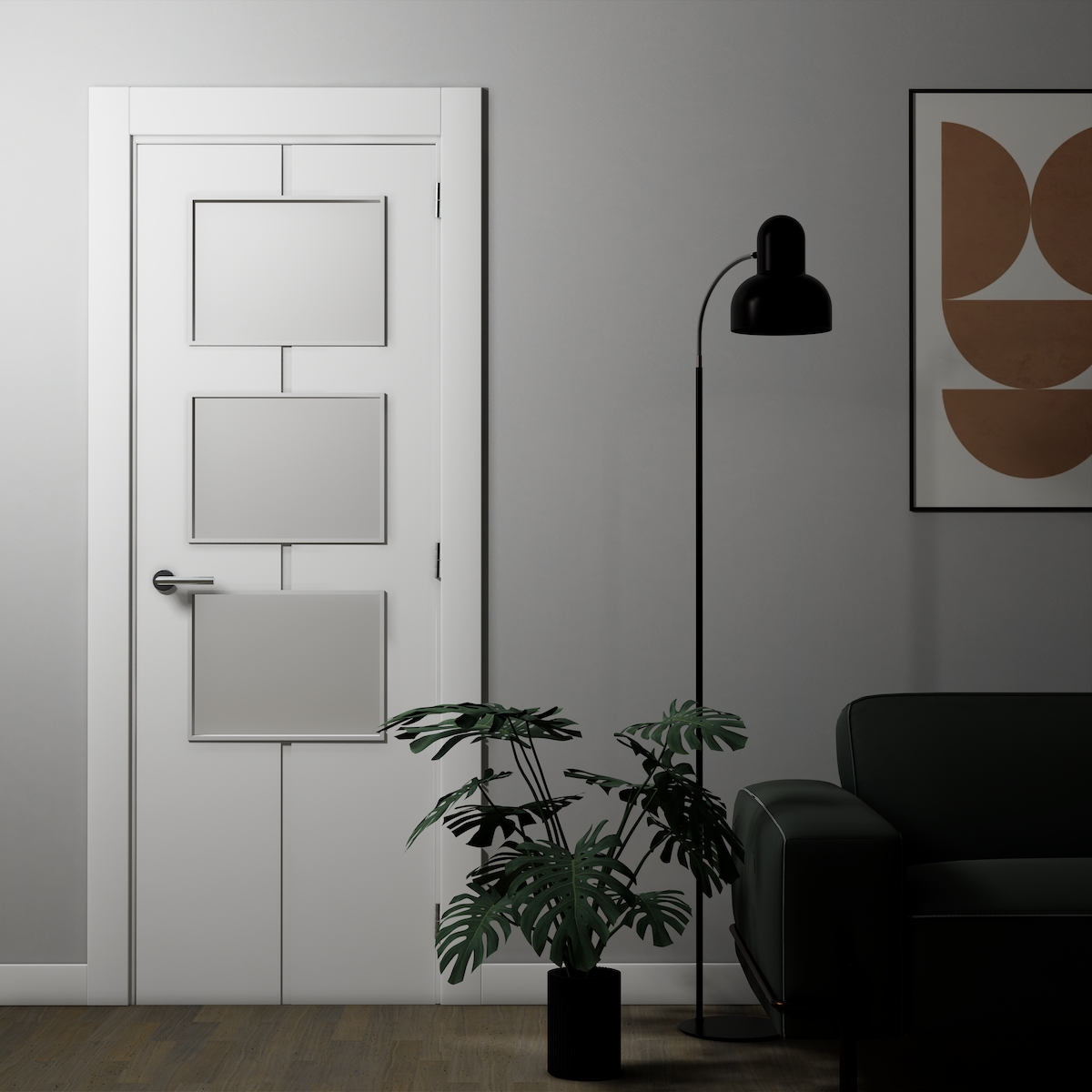 Porte HEAV à 3 vitrages, en bloc de 2030x905x35, à âme pleine, finition blanche