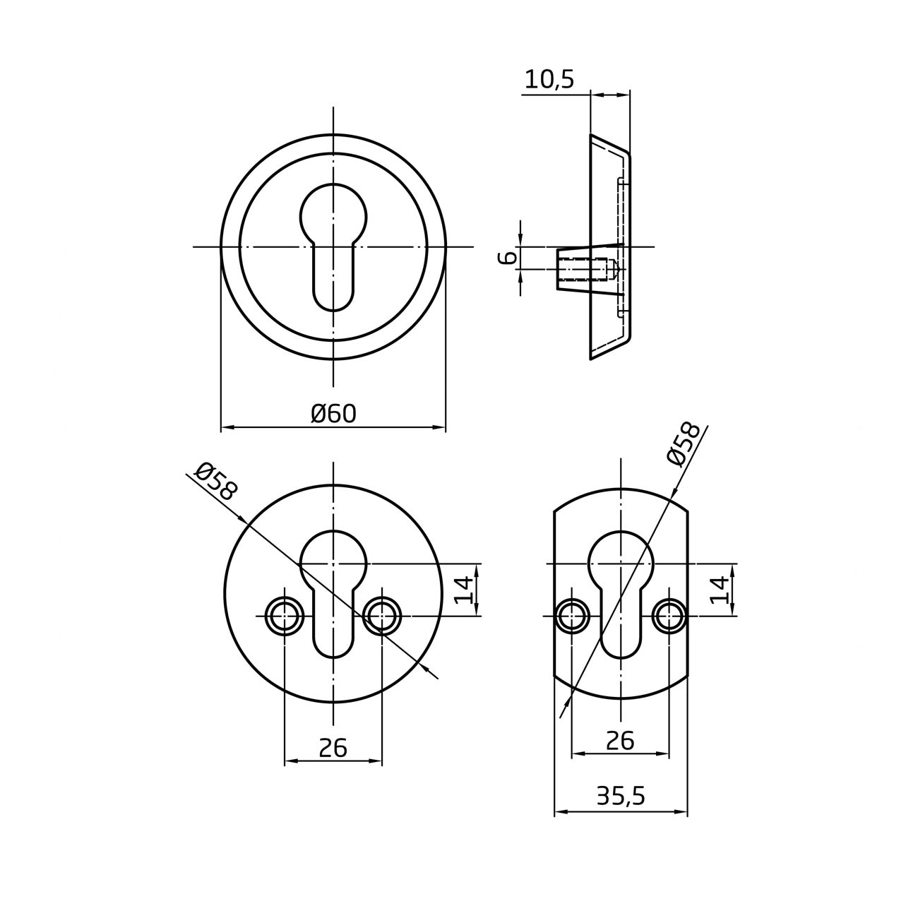 Rosace de sécurité nickelée avec cylindre apparent pour portes de plus de 40 mm d'épaisseur