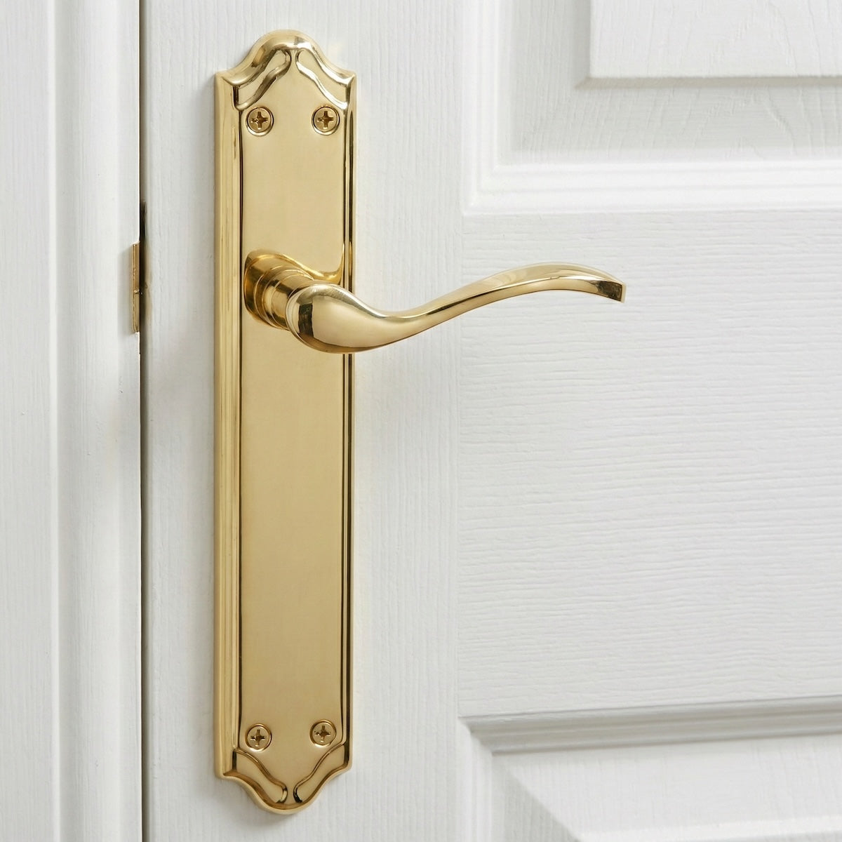 Poignée de porte modèle LOREA PB sur plaque en aluminium doré brillant