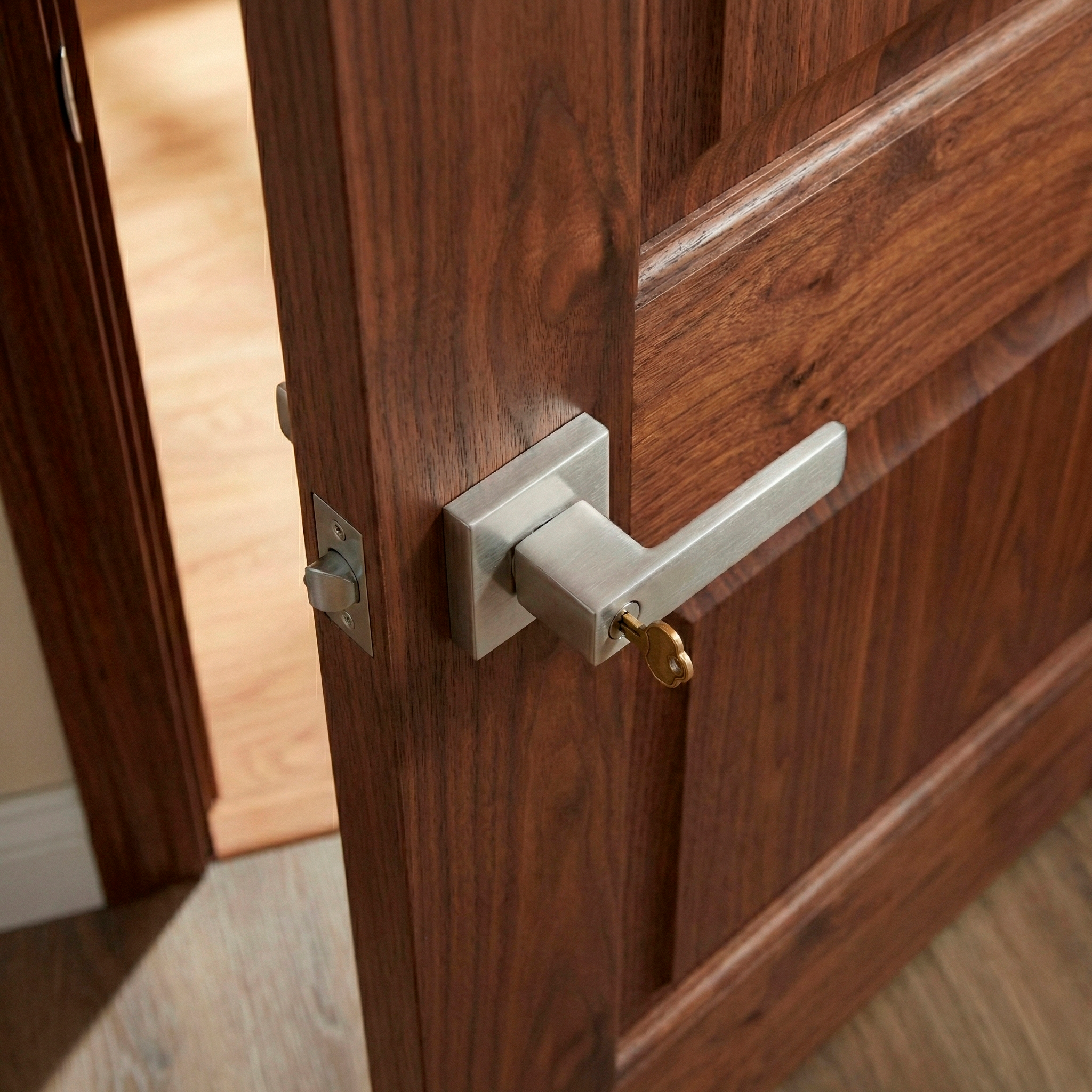 Poignée modèle Luke en finition nickel satiné avec serrure intégrée et rosace carrée pour portes d'entrée