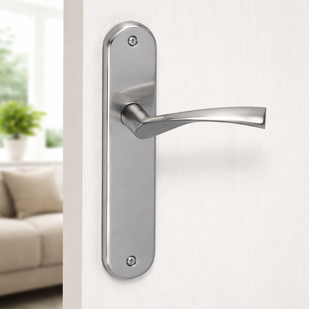 Poignée modèle '130' vague avec plaque ovale en zamak pour portes, finition nickel satiné