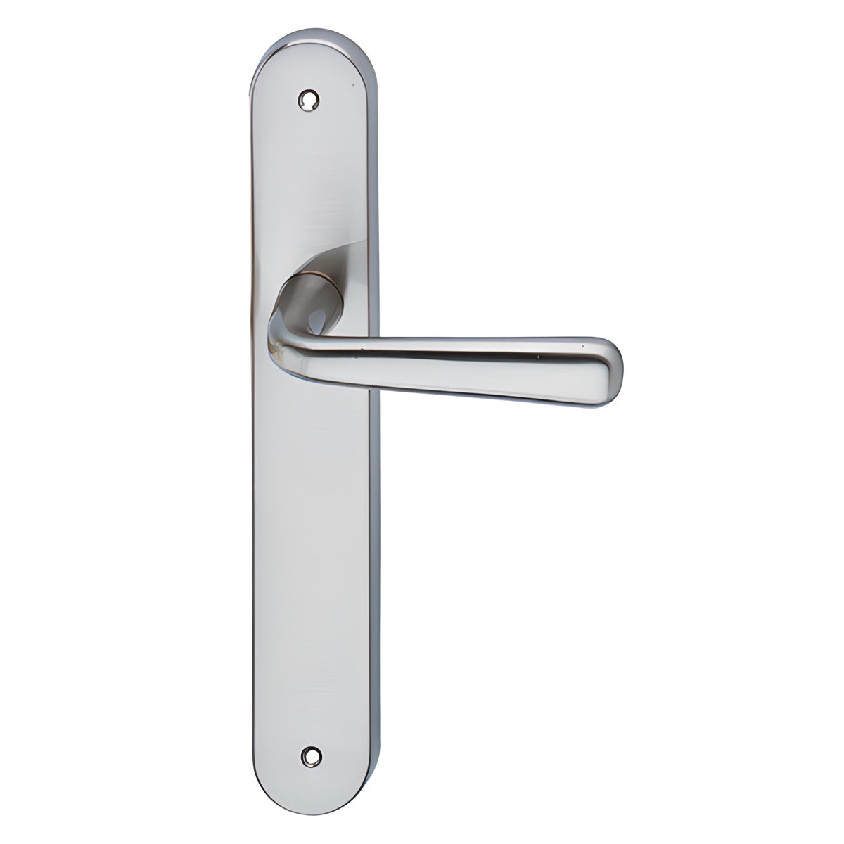 Poignée de porte modèle "101" en zamak, sur plaque ovale, finition nickel satiné