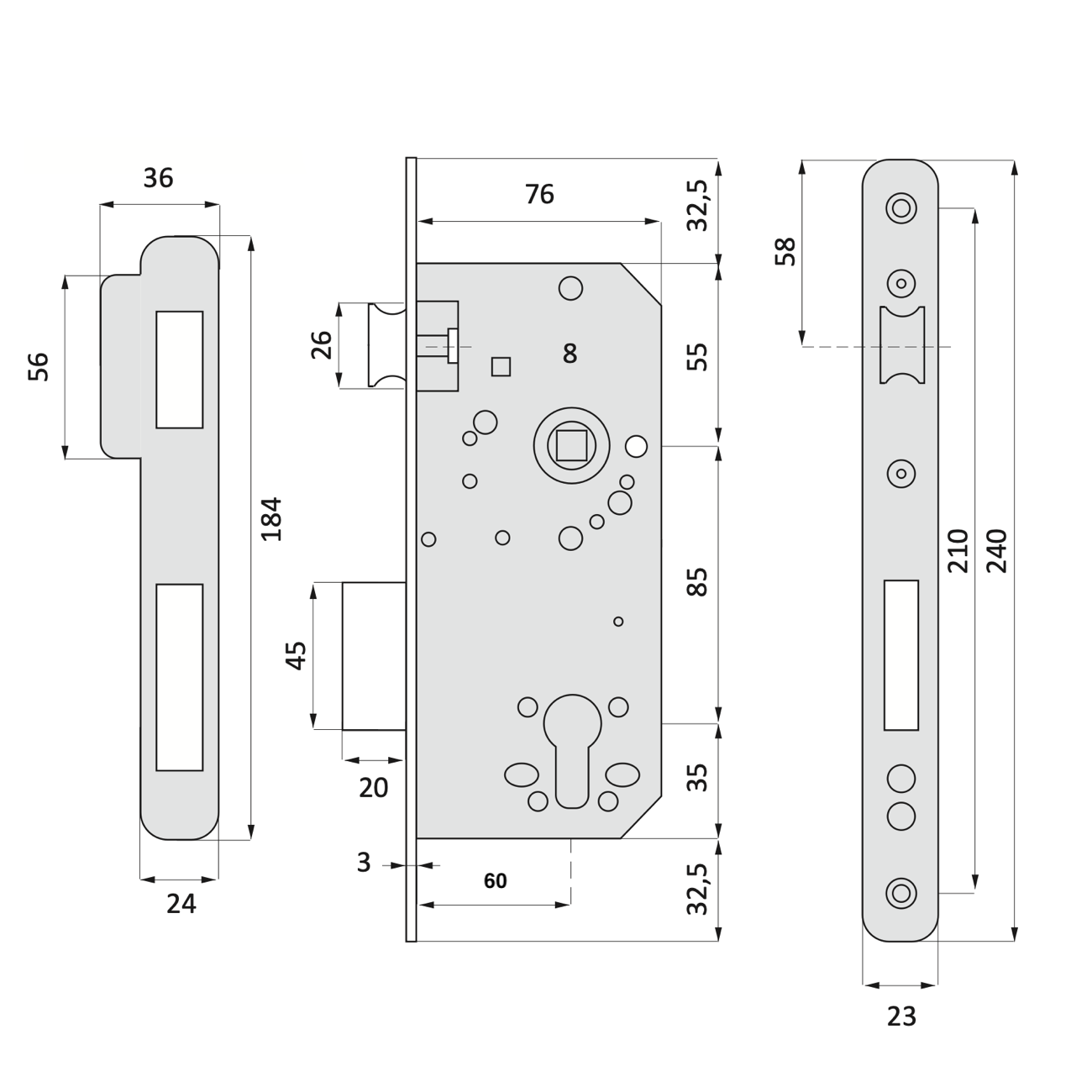 Serrure à mortaiser de 60mm pour cylindre européen, avec têtière à bouts ronds, entraxe de 85mm, finition nickel satiné