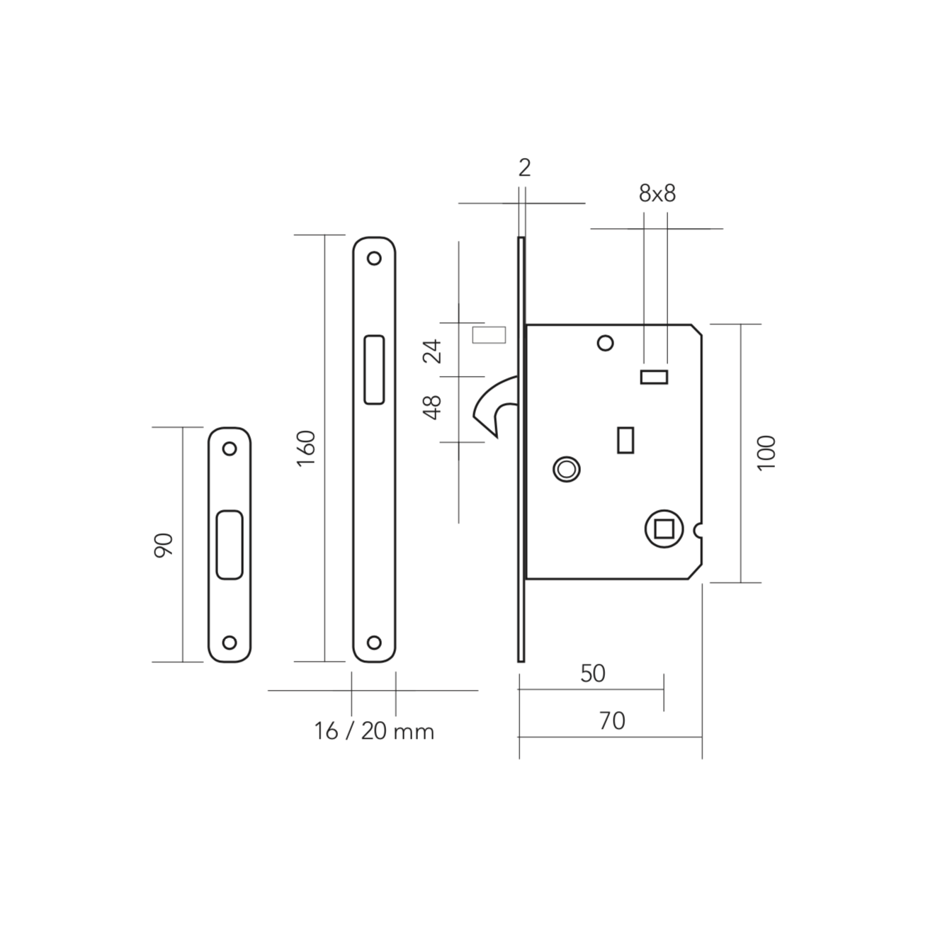 Kit pour porte coulissante, avec poignée à encastrer et condamnation, et tirants ronds, finition nickel satiné