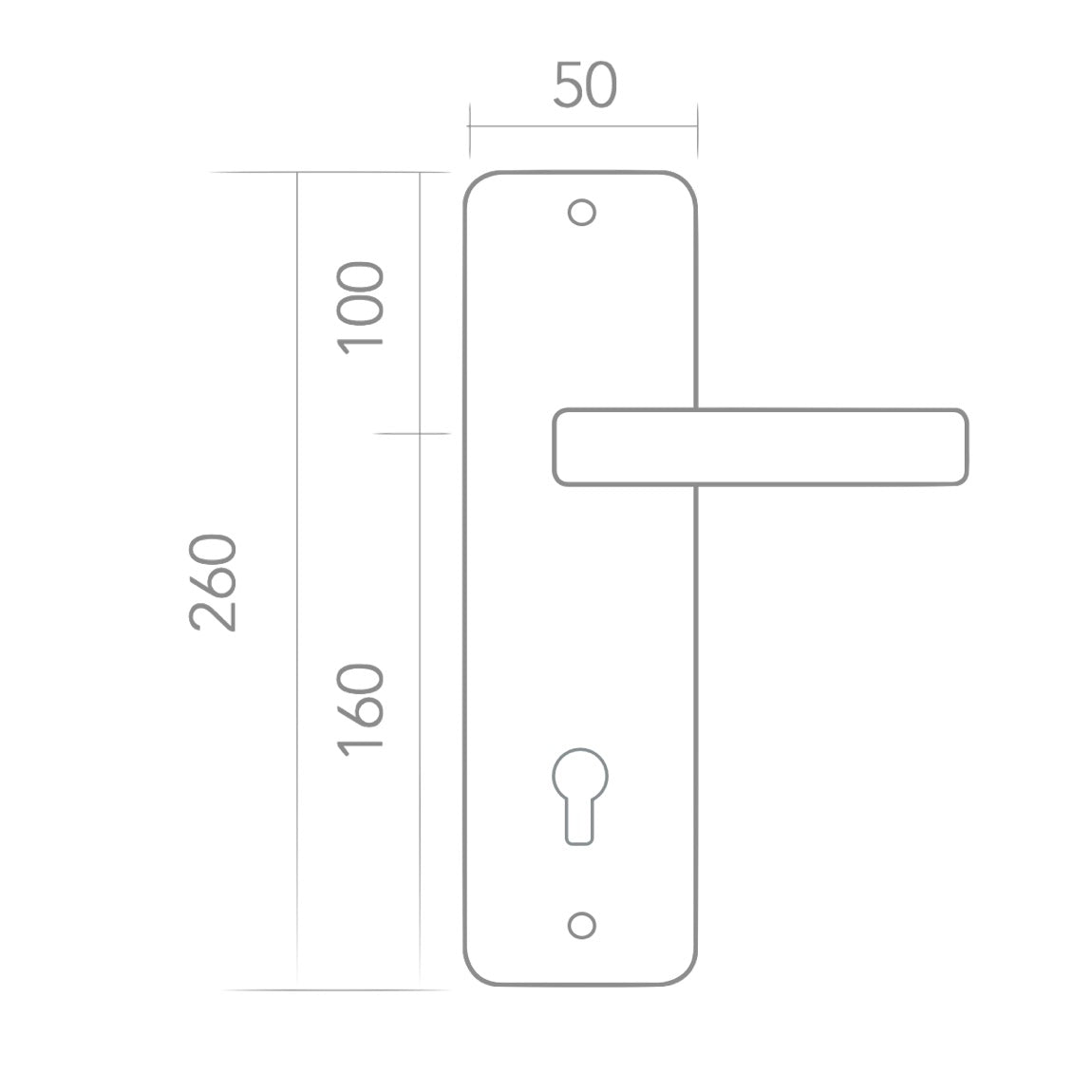 Béquille modèle '8003' avec rosace de clé 85 et plaque rectangulaire en inox pour portes