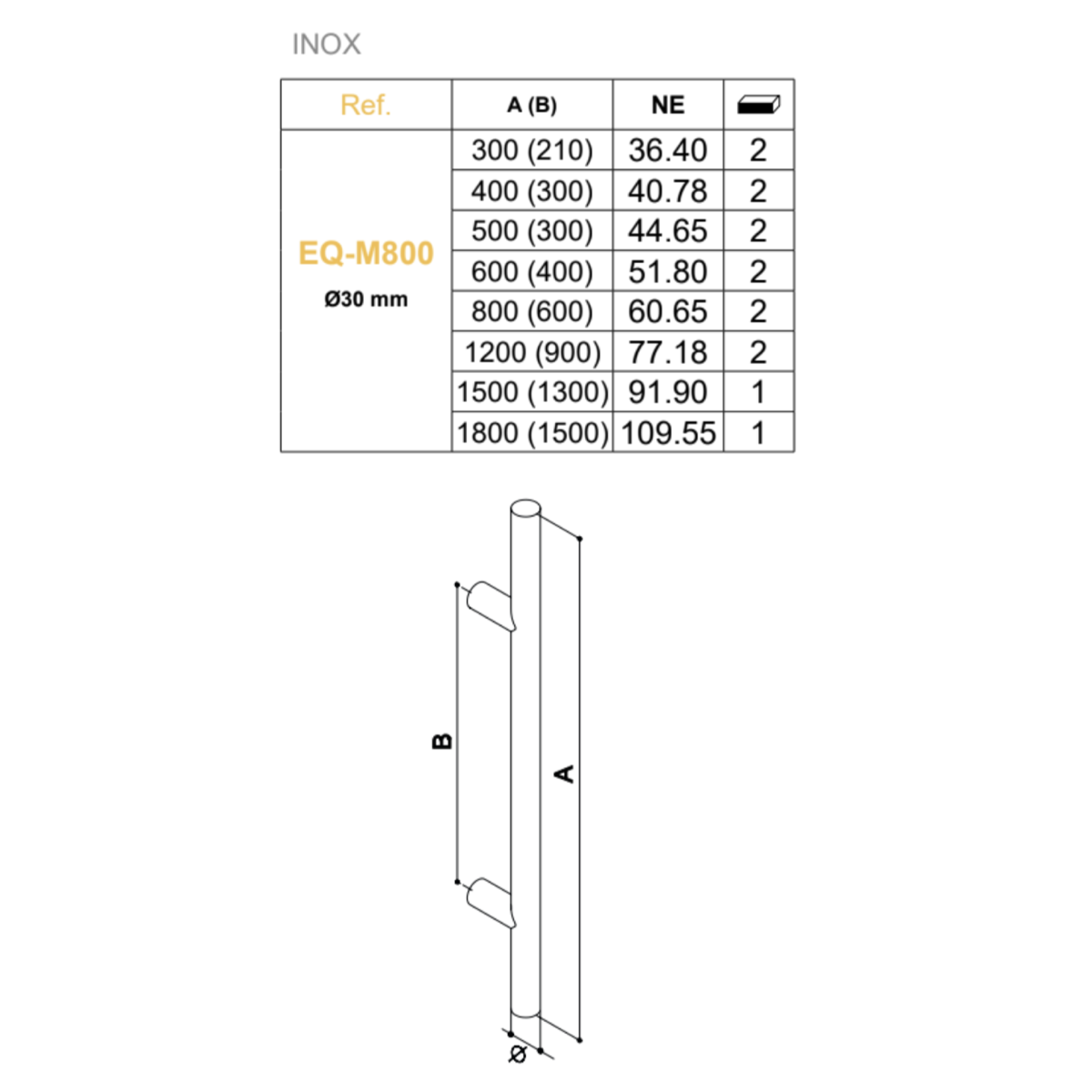 Bâton de maréchal Ø30mm entraxe 600mm hauteur 800mm inox noir sans rosace pour portes d'entrée