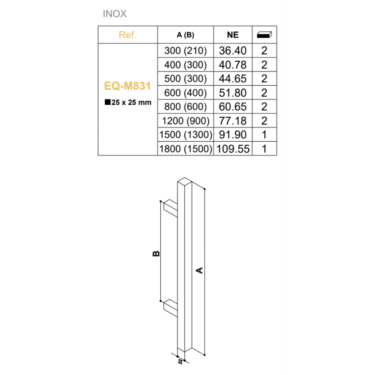 Béquille de tirage carrée 32x32mm, entraxe 600mm, hauteur 800mm, en inox noir sans rosace pour portes d'entrée