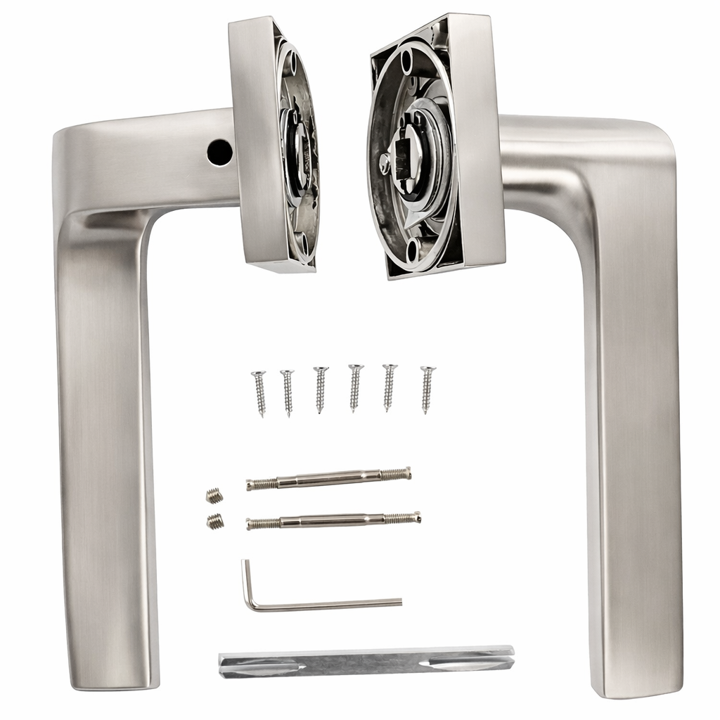Poignée de porte '559' en aluminium sur rosace carrée, finition nickel satiné