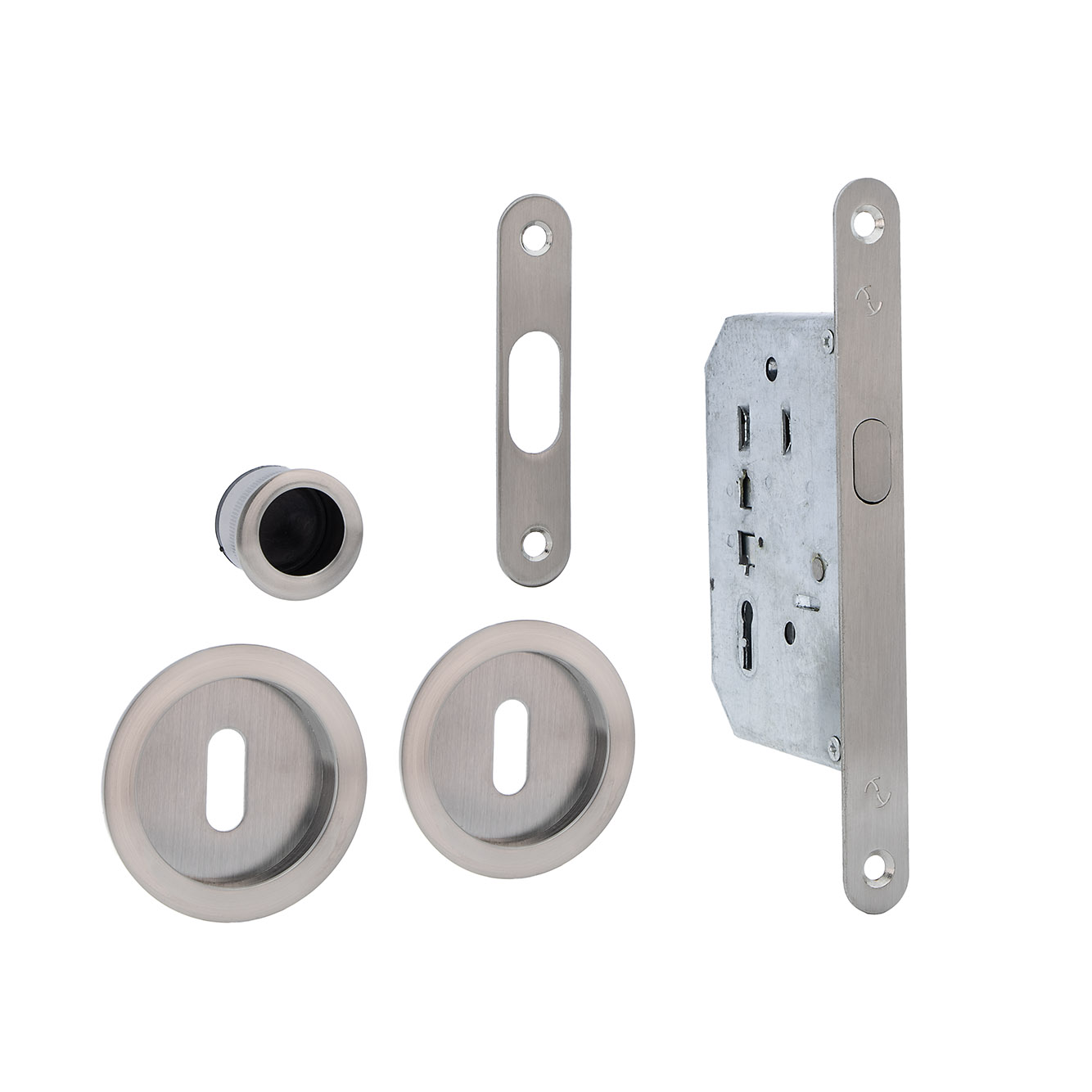 Kit pour porte coulissante en finition nickel satiné avec 2 clés à gorges incluses