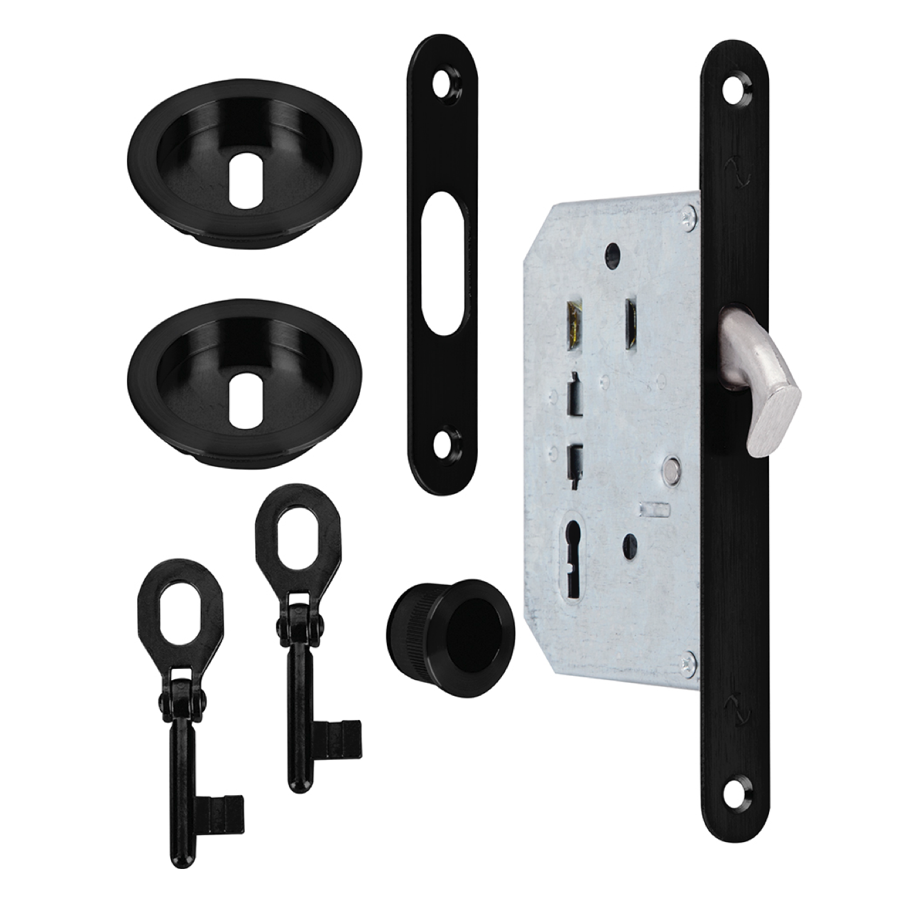 Kit pour porte coulissante en finition noire avec 2 clés de sécurité incluses