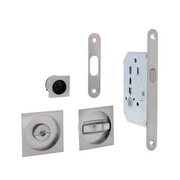 Kit pour porte coulissante avec verrou et tire-doigt carré en finition nickel satiné