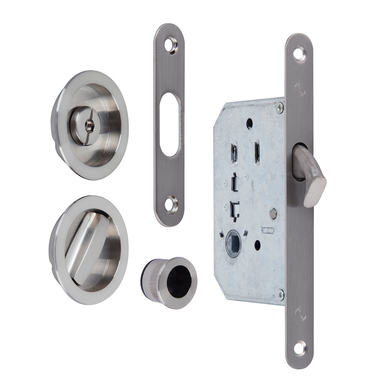 Kit pour porte coulissante, avec poignée à encastrer et condamnation, et tirants ronds, finition nickel satiné