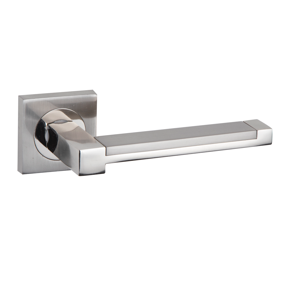 Béquille en zamak modèle 610 avec rosace carrée en finition nickel combinée pour portes