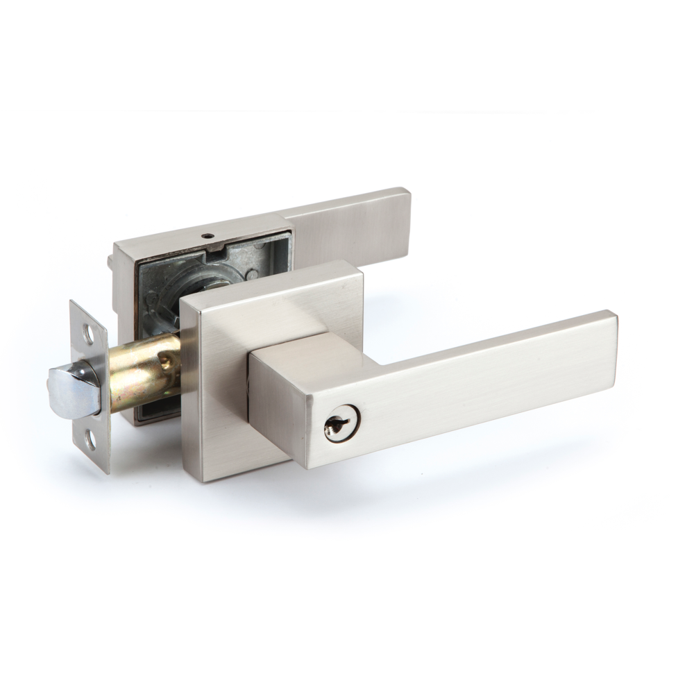 Poignée modèle Luke en finition nickel satiné avec serrure intégrée et rosace carrée pour portes d'entrée