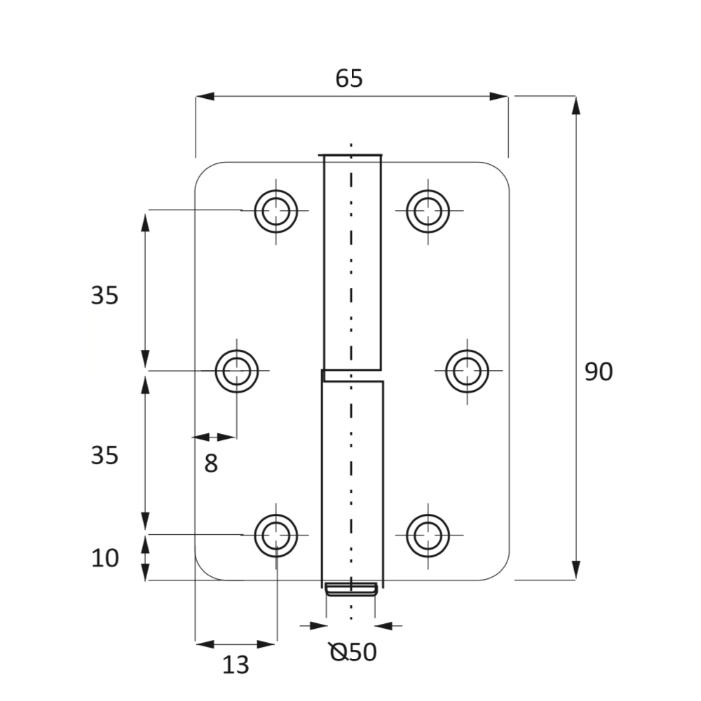 Charnière à paumelle en acier inoxydable finition noire à bouts ronds pour portes 90mm x 65mm