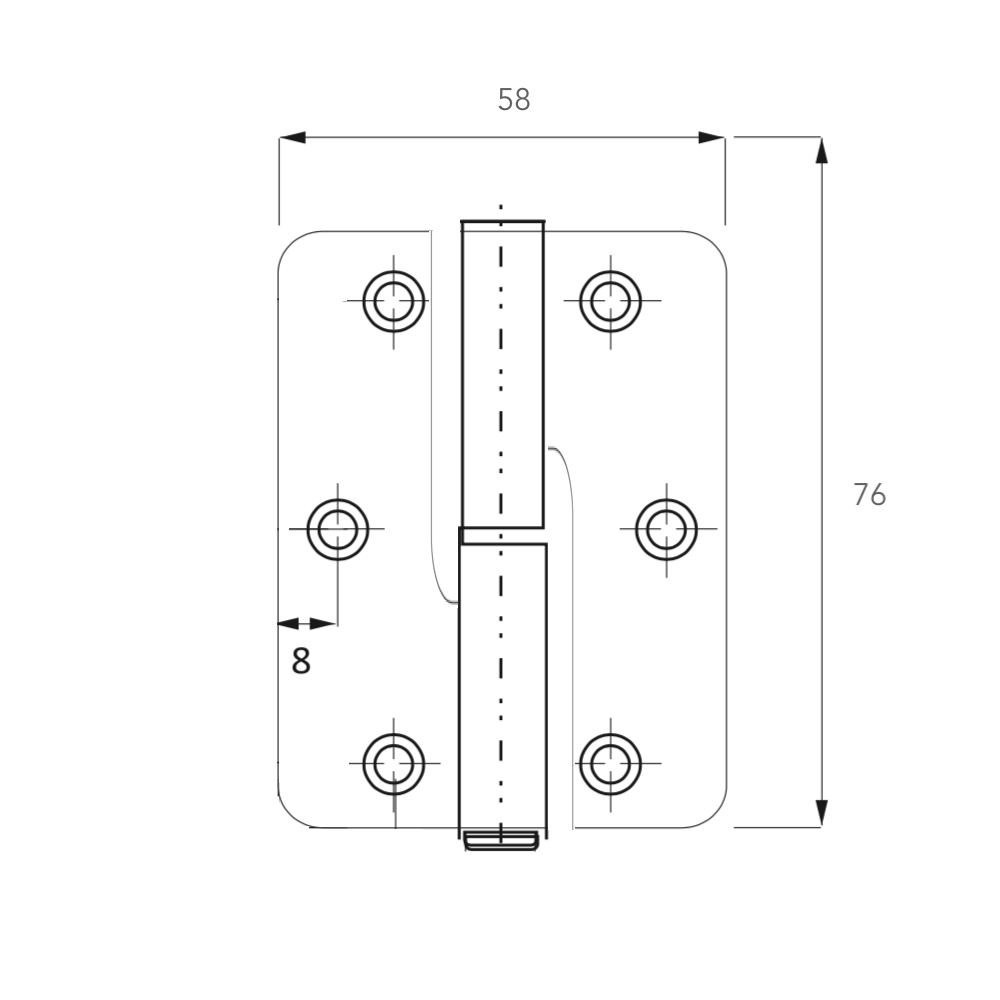 Paumelle à lame ronde en acier inoxydable, hauteur 76 mm, sans ornement