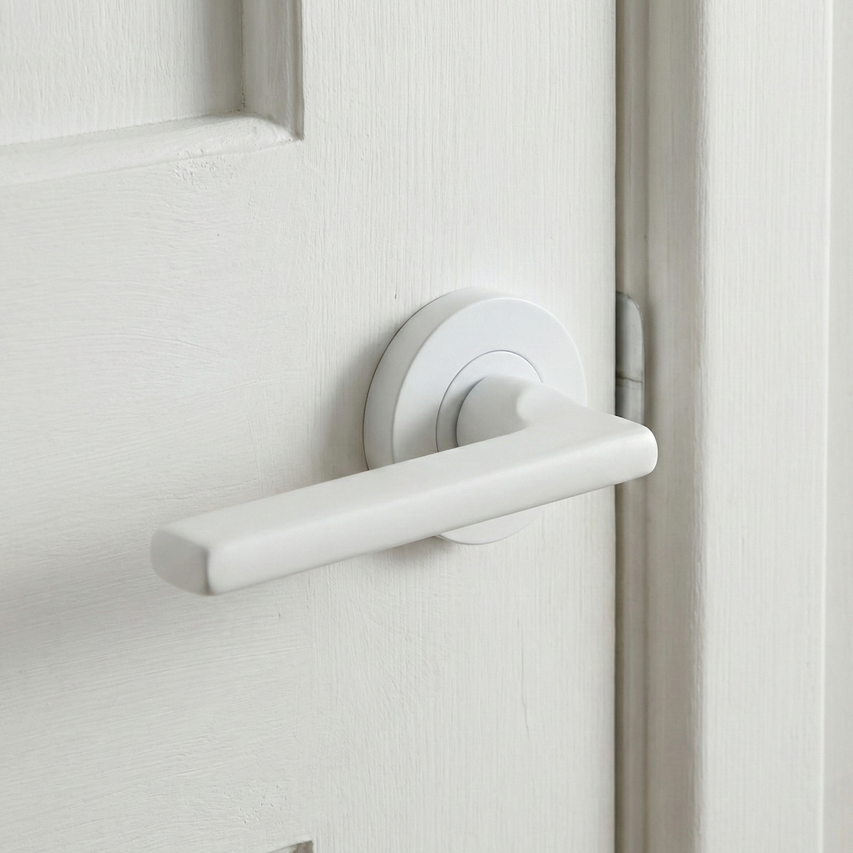 Poignée de porte aluminium sur rosace ronde, finition blanc