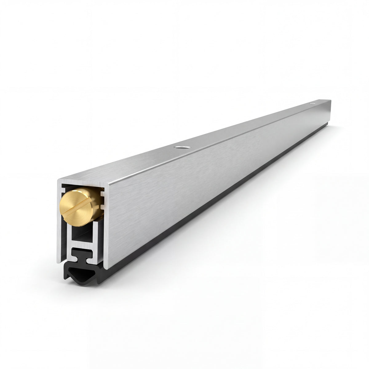 Burlete automático de embutir en aluminio cepillado con goma negra y tornillo de latón para puerta.