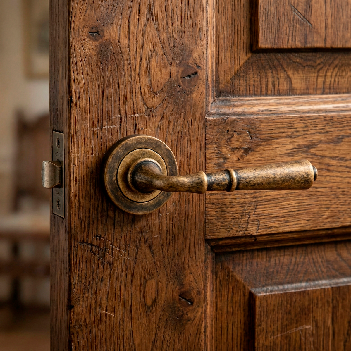 Poignée modèle '507' avec Rosette Ronde finition cuir vieilli pour portes
